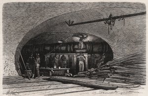 Les egouts de Paris: サン・ミシェル橋(Saint-Michel)近くのパイプの曲がり角、シャトレ広場 - Engraving In "Le Monde Illustré"