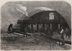 パリの下水道：ノートルダム橋（Notre-Dame）の大部屋と鍛冶屋の作業場 - Engraving In "Le Monde Illustré". 作： Unknown artist