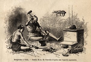 江戸の鍛冶屋の前に立つ鍛冶屋。1863年から1864年にかけて、スイス連邦公使アイム・アンベールが日本への航海を説明するために描いたもので、「Le tour du monde, nouveau journal des vo.