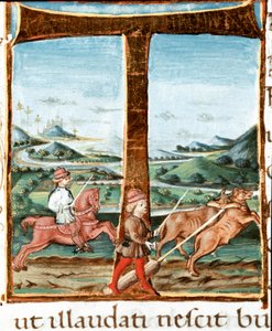 騎手と牛の調教師のレトリンT装飾 - ヴァージル（Publius Vergilius Maro）（紀元前70-19年）の『エグローグス』から引用されたミニチュア（Ms IV E.12）。15世紀 ナポリ、ビブリオテカ ナツィオナーレ