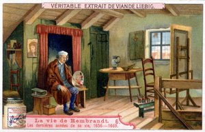 オランダの画家、レンブラント（1606/1669）の生涯を描いたリービッヒ・クロモリトグラフィー。ここでは、彼の人生の最後の年1656年から1669年。 作： Unknown artist
