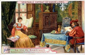 オランダの画家レンブラント（1606-1669）の生涯をリービッヒの色版画で表現。ここでは、1654年に若い妻サスキアの肖像画を描いています。 作： Unknown artist