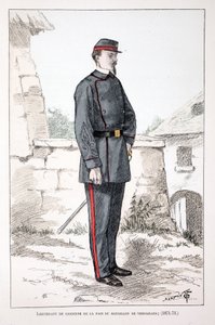 ベルサイユ大隊の平和の守護者の中尉（1871年～1873年）。セーヌ川警部のルイ・ルピーヌ（1846-1933）の後援で出版された本「平和の戦士たちの歴史」の挿絵のためのカラー・エッチング。 作： Unknown artist