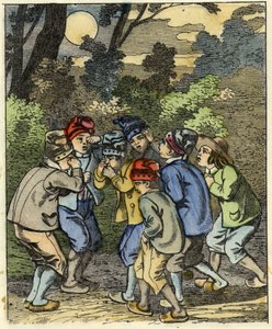小さなプーセットとその兄弟は、森で迷子になる。シャルル・ペローの物語「Le Pepetit Poucet」の挿絵 作： Unknown artist