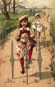 三輪車に乗る少女たち。1890年頃のクロモリトグラフィー。