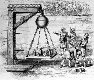 大気圧を計算するために吊るされたマクデブルク半球を積む - "Ottonis de Guericke "にて。オットー・フォン・ゲリッケ（Otto de Guericke）の「Experimenta Nova Magdeburgica de vacuo spatio」。 作： Unknown artist