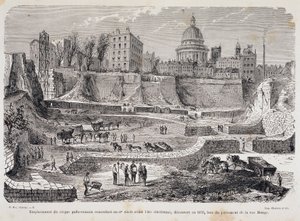 1870年にモンジュ通りの掘削工事で発見された、キリスト教時代以前の3世紀に遡るガロ・ローマ時代のサーカスの場所 作： Unknown artist