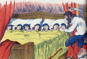鬼が娘たちを殺してしまう、フランスの作家シャルル・ペロー（1628-1703）の物語「Le Petite poucet」の挿絵。匿名のイラスト。イメージ：Marcel Vagne, Jarville Nancy, undated (19世紀後半).
