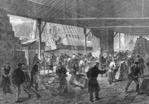 1868年、ロンドン：ドックに紅茶が到着。 作： Unknown artist