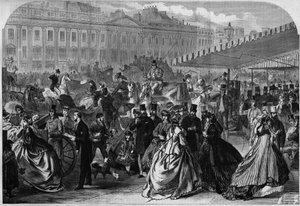 1817年から1823年にかけて、建築家ジョン・ナッシュが公共開発計画のために描いたウエストエンド地区の大通り、リージェント・ストリートの午後の風景。1866年10月6日、「L