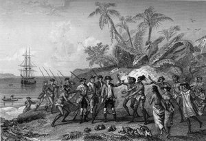 ルイ・アントワーヌ・コント・ド・ブーゲンビル（フランスの航海士、1729～1811）、タヒチのマルキーズ諸島に接近、4月6日 作： Unknown artist