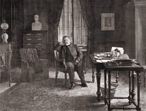 研究所のオフィスにいるルイ・パスツール。19世紀の彫刻。 作： Unknown artist