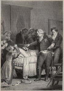 ベリー公の死に際のルイ18世 - 1820年2月13日、パリ・オペラ座でのベリー公の最期（1778年～1820年）、ルイ18世と王室の人々に囲まれて - 「Histoire de France racontee à mes petits enfants」の刻印 作： Unknown artist