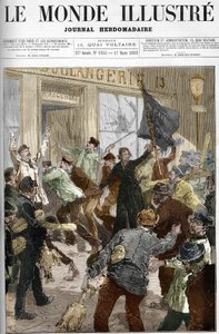 1883年3月9日、パリで行われた労働者のデモでパン屋を略奪した際、「パンか死か」と書かれた黒い旗を振るフランスの革命家、ルイーズ・ミシェル（1833-1905）。