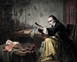 ストラディヴァリウス（アントニオ・ストラディヴァリ）（1644-1737）の工房にて。Hammannによるエングレーヴィング。ヴァイオリン・デザイナー、アントニオ・ストラディヴァリ（ストラディヴァリウス）の仕事場。 作： Unknown artist