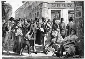 1873年のマドリッド。セビーリャ通りとアルカラ通りの角を歩く人々。1873年のエングレーヴィング。 作： Unknown artist