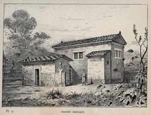 ギリシャ風の家 - 1889年の「1889年万国博覧会における人間の居住に関する歴史」（シャルル・ガルニエ著）に掲載された1889年の版画 作： Unknown artist