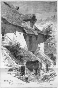 フランスの作家、ジョージ・サンド（Aurore Dupin, Baroness Dudevant）（1804-1876）の家は、フランスのクルース川沿いのガルジレス（インドール）にある。Le Monde Illustre "に掲載された版画。 作： Unknown artist