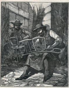 椅子の製造：椅子のマルチングとキャニング。Adolphe BITARDの "Les arts et metiers illustres "に掲載された1885年のエングレーヴィング。 作： Unknown artist