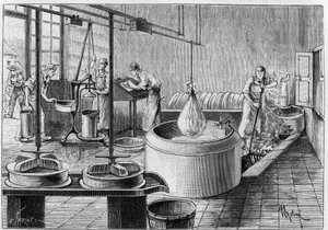 グリュイエールの製造：近代的なチーズ工場。1891年9月19日付の「La Nature: revue des sciences et de leurs applications aux arts et a l