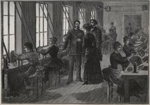 金属製の羽の製造：19世紀のフランスの研ぎ師の工房。Adolphe BITARDの "Les arts et metiers illustres "に掲載された1885年のエングレーヴィング。