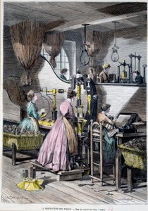 タバコの製造、喫煙用タバコの包装。1867年のリトグラフ パリ、カルナバレ美術館 作： Unknown artist