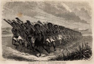 1858年から1860年にかけてニュージーランドを訪れたフェルディナン・ド・ホシュテッターの旅を説明するためにエミール・バイヤール（1837-1891）が描いたマオリの戦争の踊り。エドゥアール・シャルトン編集の「Le tour du monde」に掲載された版画 作： Unknown artist