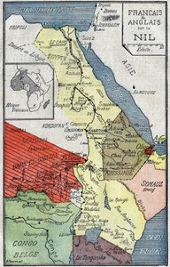 ナイル川に沿ってフランスとイギリスが植民地化したアフリカ地域の地図。10月2日付「ル・ペレラン」紙に掲載されたイラスト 作： Unknown artist