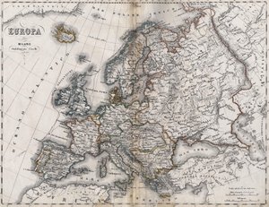 ヨーロッパの地図。19世紀後半のもの。イタリアのアトラス。スタビリメント・シベリ。ミラノ。