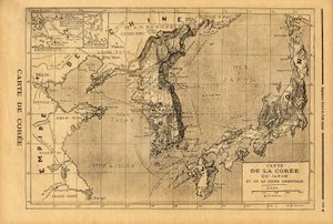 韓国、日本、中国東部の地図。1894年3月9日付「Le petit journal」誌に掲載された版画。セルバのコレクション。 作： Unknown artist