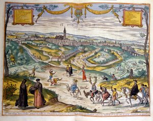 1590年のセビーリャの街の地図。絵の右下では、村の人々がロバに乗った寝取られ男を揶揄している。 作： Unknown artist