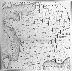 フランスの身長分布図：棒の高さは、各部門において、1000人以上の試験で体格不良のために免除された徴兵の数に反比例している。数字は100人当たりの数である。20の部門は、それぞれ 作： Unknown artist