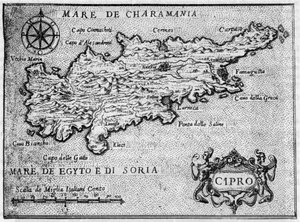 1587年の『Il devotissimo viaggio di Gerusalemme』に掲載されたキプロス島（シプロ）の地図。 作： Unknown artist