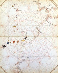 ジブラルタル、モロッコ、カナリア諸島を示した地図。15世紀のポルトゥラン。 作： Unknown artist