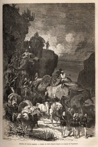 皇帝テオドロス（1818-1868年頃）の軍隊に続いてダランタ高原に向かうイギリス軍の行進、砲弾運搬用の象も一緒に。ヘンリー・ブラン博士による物語「テオドロスの捕虜」を説明するためのエングレーヴィング。 作： Unknown artist