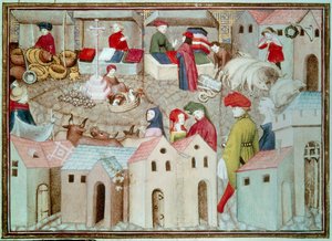 パリのマルシェ・ド・シャンポー ベテールと家禽の商人、呉服屋。1403年から1404年頃のトーマス・デ・サルーシュ（トマソ3世・ディ・サルーゾ）の「放浪の騎士」から抜粋したミニチュア。パリ、B.N. 作： Unknown artist