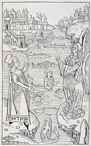 海洋動物と怪物-1491年マインツ版『Hortus Sanitatis』の「De Piscibus」の章のタイトルページ 作： Unknown artist