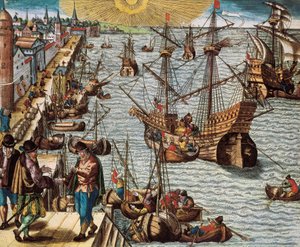 海上貿易とスペイン領インド（植民地）との貿易、特にサトウキビの保有。リスボン港から東インド諸島、アメリカ、ブラジルへの出発