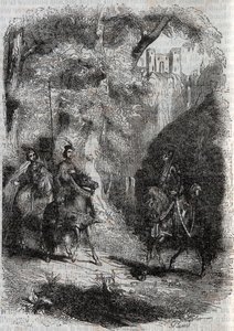 マルフィズ（マルフィサ）と老婆がピナベル（ピナベロ）に出会う-1851年の版画、アリオスタとして知られるルドヴィコ・アリオストの「激情のロラン」（Orlando furioso）（16世紀）より-トレッサン伯爵がイタリア語から翻訳して出版された版 作： Unknown artist