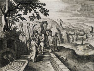 アイザックとレベッカの結婚。17世紀に出版された聖書に掲載されていた版画。 作： Unknown artist