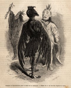 ナヤ・インディアンの薬の踊りのための仮面と変装。1855年にG.カトリンがコロンビアとミズーリ州上部の盆地のインディアン部族の間で行った旅行を説明するために描いたもので、「le tour du monde」に掲載された。 作： Unknown artist