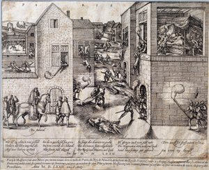 1572年8月24日の夜、パリで行われたサン・バルテルミー（聖バルテルミー）の虐殺。16世紀のエングレーヴィング。ポー、ミュゼ・デュ・シャトー 作： Unknown artist