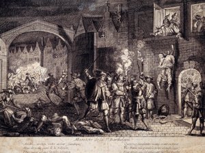 1572年8月24日の夜、パリで行われたサン・バルテルミー（聖バルテルミー）の虐殺。16世紀のエングレーヴィング。ポー、ミュゼ・デュ・シャトー 作： Unknown artist
