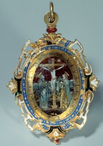 磔刑とエジプトへの逃避行を装飾した丸い金のバンプにEメールのメダイヨン。16世紀の太陽のデビュー。 h. 7 cm。パリルーヴル美術館