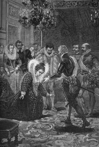 マリス・ド・メディシスとアンリ4世の会見（1601年）。夫であるフランス王アンリ4世（1553-1610）に頭を下げるマリス・ド・メディシス（1573 -1642）。19世紀のエングレーヴィング。ジュール・ミシュレ著『フランス史』より 作： Unknown artist