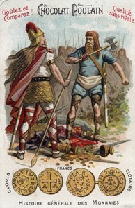 Merovingiens：486年、ソワソンの船を壊した兵士を撃墜するクローヴィス1世。コインの一般的な歴史にて。19世紀末のチョコレート色のクロモリトグラフ。個人蔵。 作： Unknown artist