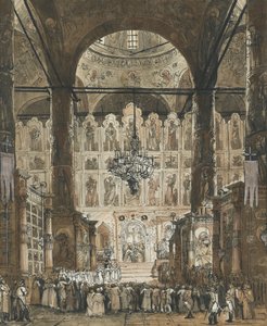 "Messe a la cathedrale de la Dormition du kremlin a Moscou, Russie" (モスクワのクレムリンにあるドーミション大聖堂でのミサ) 1850年頃 アノニマス・グワッシュ コレクション・プライヴェート 作： Unknown artist