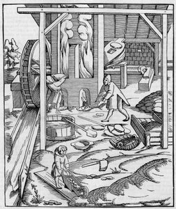 油圧モーターで作動する金属炉の送風機。Sebastien Munsterの "Cosmographie"(1555年)に掲載された版画のFac simile(縮小版)。10の「La Nature: revue des sciences et de leurs applications aux arts et a l