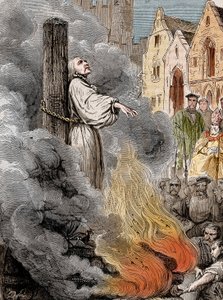 ミシェル・セルヴェ（ミシェル・ド・ヴィラヌエバ）（1511-1553）がカルヴァンの命令でジュネーブで生きたまま火刑に処される。 作： Unknown artist