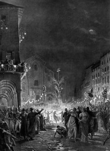 旧体制への勝利の象徴である自由の木を囲んで喜ぶミラノの群衆（1796年5月）。19世紀のエングレーヴィング